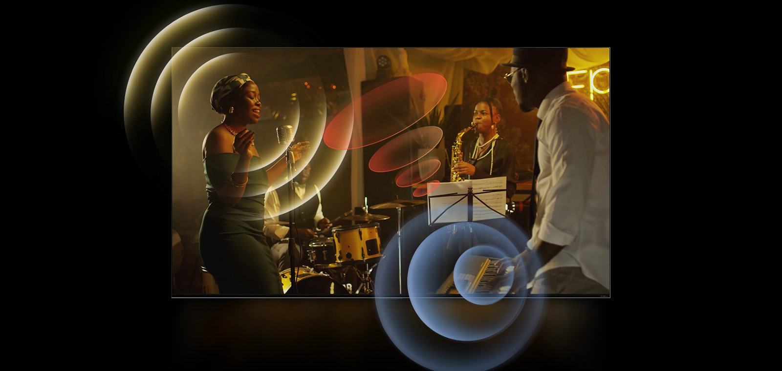 An image of an LG TV showing musicians performing, with bright circle graphics around the space.